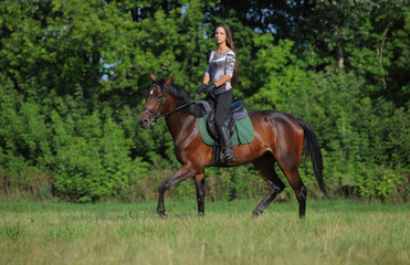 Beautiful young woman riding a horse on the summer field