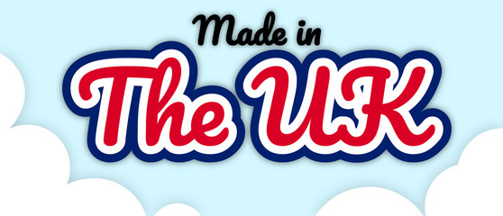 Bold stroke text style  "Made in the UK" vector illustration. Text in country flag colours, floating on editable/removable sky with clouds background.