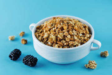 Nuts oatmeal granola with berries in a bowl