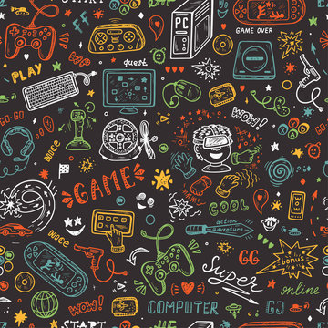 Gadget icons Vector Seamless pattern. Hand Drawn Doodle Computer Game items. Video Games Background
