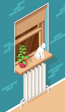 Isometric interior window with heating radiator. Cat on the windowsill with a plant in a pot. Vector illustration.