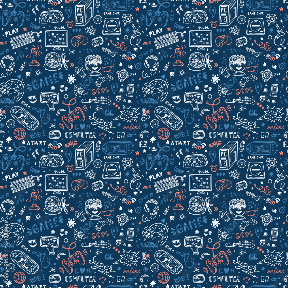 Sticker gadget icons vector seamless pattern. hand drawn doodle computer game items. video games background