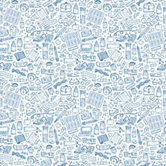 Healthcare and Medicine Vector Seamless pattern. Hand Drawn Doodle Drugs and Medical Products and Devices Background
