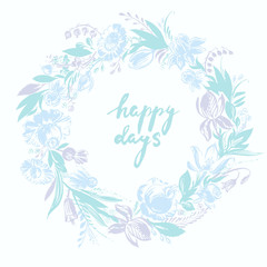 Hand drawn floral frame with roses, dahlia, iris, tulip, berries