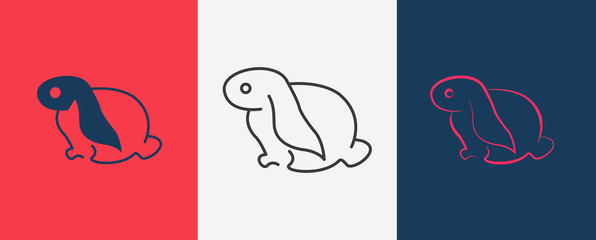 Simple, minimalist rabbit in hole logo. Cute cartoon bunny vector illustration.Isolated cartoon cute blue rabbit baby with orange carrot logo on white background. Happy Easter Day vector icon template