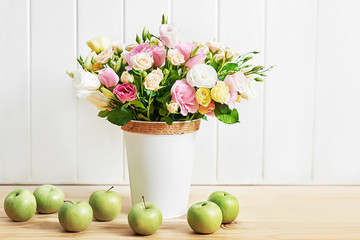 Bouquet of flowers and apples. Mothers day greeting card. Cozy Good morning. Happy Birthday! Presents and gifts for women's day. Flowers composition for Valentine. Spring flowers. Happy easter!