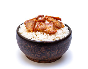 White rice, with grilled pork, in black bowl, on white background, Rice from asia, Rice food of asian style
