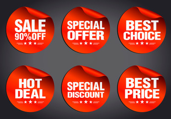 Red sale stickers set 90% off, hot deal, best choice, best price, special offer, special discount with stars on a dark background. Vector illustration