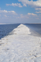 salt lake Baskunchak in the Astrakhan region in Russia. The largest salt Deposit.The salt trail is...