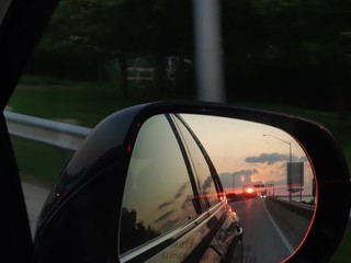 travel rearview mirror leaving vacation bridge driving road cars