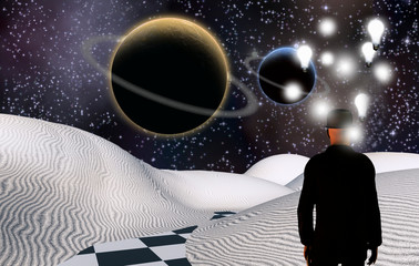 Obraz premium Space ideas. Man in black suit surrounded by light bulbs. 3D rendering