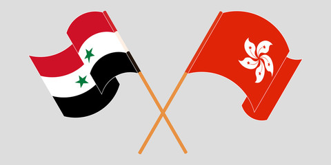 Crossed and waving flags of Syria and Hong Kong