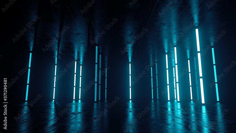 Poster 3d render of futuristic neon glow scene on reflective floor and ceil with texture. abstract lamp.