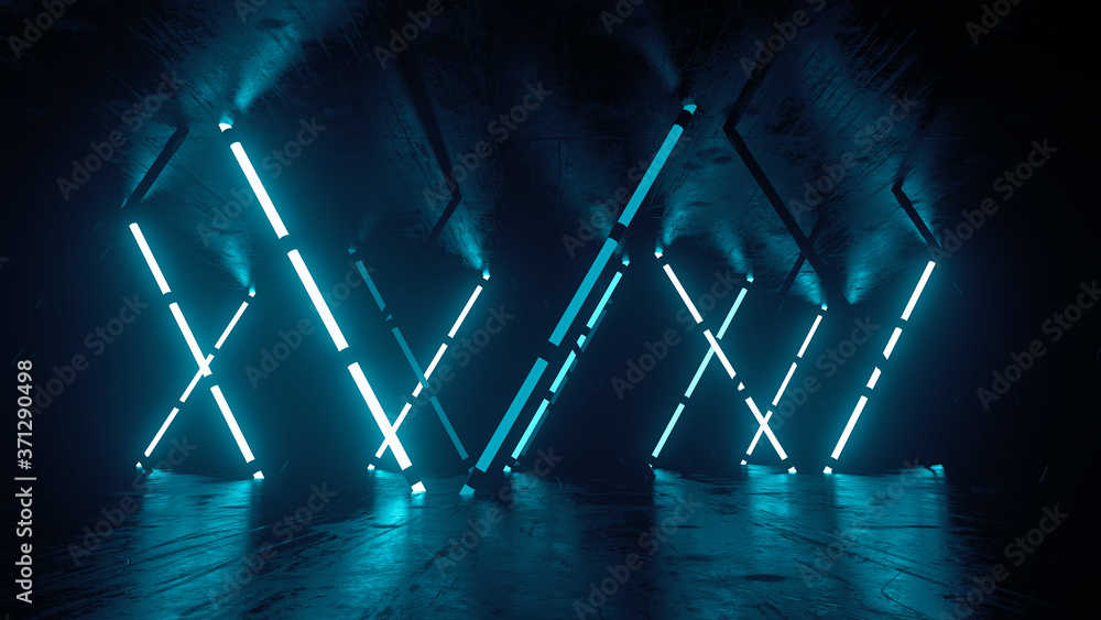 Poster 3d render of futuristic neon glow scene on reflective floor and ceil with texture. abstract lamp.