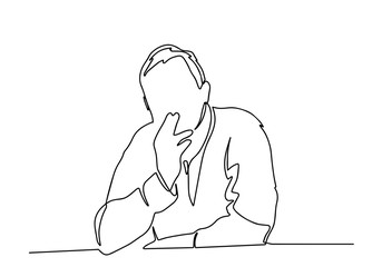 Smoking old man sitting on a bench one line illustration. A man with cigarette smoking continuous line art silhouette. Vector illustration