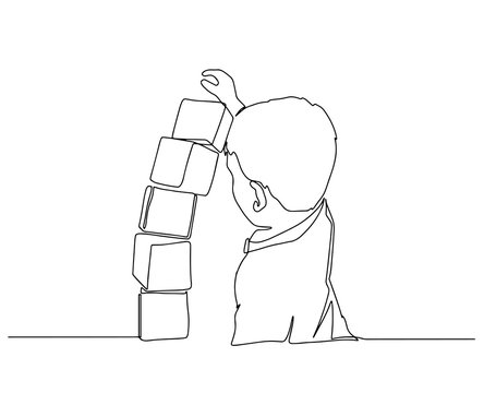 One continuous drawn line of the kid playing with toy cubes drawn from the hand a picture of the silhouette. Line art. character of the child playing with toys