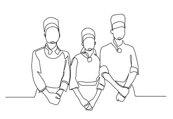 Handsome cooks. Continuous line drawing. Isolated on the white background. Vector illustration monochrome. Group of professional cooks one line drawing