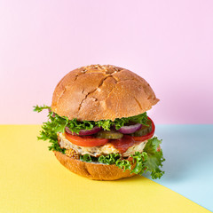 burger delicious grilled cutlet sandwich and vegetables serving size organic healthy ething natural product portion top view place for text copy space
