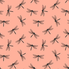 Dragonfly seamless pattern. Frivolous print on pink background. Vector illustration.