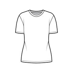 Cotton-jersey t-shirt technical fashion illustration with crew neck, short sleeves, tunic length. Flat outwear basic blouse apparel template front white color. Women men unisex shirt top CAD mockup