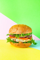 burger delicious grilled cutlet sandwich and vegetables serving size organic healthy ething natural product portion top view place for text copy space