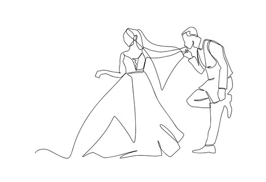 one continuous drawn line wedding drawn from the hand picture silhouette. line art. The characters of the bride and groom of the husband and wife are married. Hand kissing