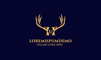 initial H and U latter with Head vector logo design wild animal with horns quality stylish luxury, modern and minimalist illustrations in line art style of a graphic sign  Linear, Horns, elk, antler