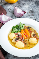 Settlers Soup with mushrooms, potatoes, smoked meats, carrots and herbs