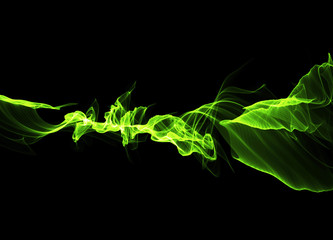 illustration of Green luminous line of paricles representing a sound wave on a black abstract Futuristic digital background with copy space. Banner for your design