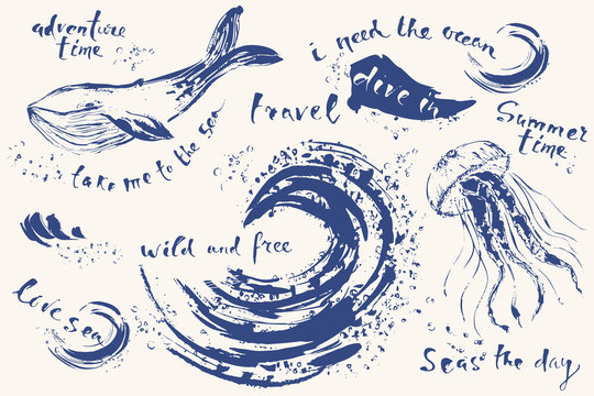Hand drawn ink sketch of a sea animals and ocean wave with bibbles