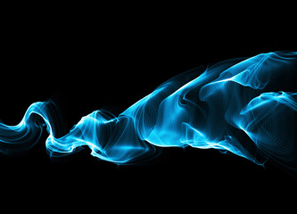 illustration of blue luminous line of paricles representing a sound wave on a black abstract Futuristic digital background with copy space. Banner for your design