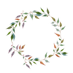 Watercolor colorful frame with autumn leaves and branches. White background.