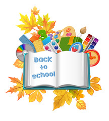 illustration back to school open book autumn leaves and label sale