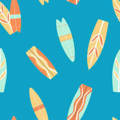 Hand drawn seamless pattern with various surf and kite boards on blue background. Cute vector endless ornate.