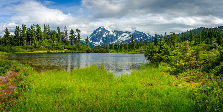 Picture Lake is the centerpiece of a strikingly beautiful landscape in the Heather Meadows area of Mt. Baker, WA. Picture Lake is one of the most photographed mountain scenes in North America. 