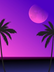 The illustration of a night scene landscape in blue and purple colors with a full moon, sea, and black palm tree silhouettes