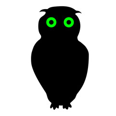 Character element for Halloween: night owl with shining green eyes on a white background. Cartoon creepy design. Vector illustration.