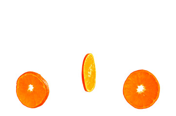 Citrus fruits cut into rings are isolated on a white background. tangerines oranges.