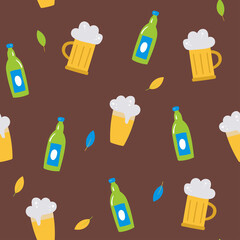 Oktoberfest seamless vector pattern with a bottle of beer,a glass of beer, leaves on a brown background. Vector flat illustration. For the design of textiles, Wallpaper, wrapping paper, postcards.