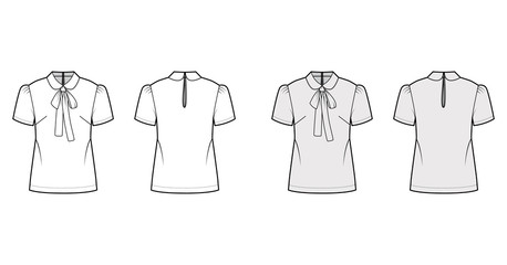 Pussy-bow blouse technical fashion illustration with Peter Pan collar, short sleeves, back button-fastening keyhole. Flat apparel top template front, back white grey color. Women men unisex shirt CAD