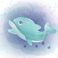 Cute dolphin in the ocean. water color style.