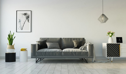 Living room interior with gray sofa and sideboard on gray wall, 3d rendering