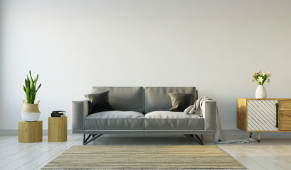 Living room interior with gray sofa on gray wall background, 3d rendering