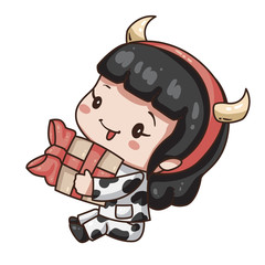 Vector illustration of cute chibi character isolated on white background. Cartoon girl in cow costume for new year 2021. Little girl with gift box.