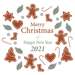 Merry Christmas & Happy New Year 2021 vector illustration on transparent background with gingerbreads, leafs and candy canes frame.