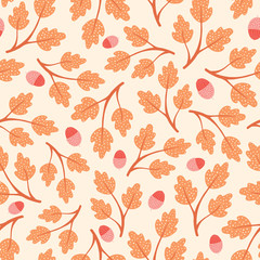 Autumn leaves pattern design. Vector tossed oak leaf seamless repeat background with acorns.