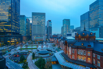 Tokyo, Japan at the Marunouchi business district and Tokyo Station.