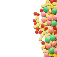 pile of medical pills  in red, blue colors in  silver plastic packaging