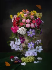 Fotobehang Still life with splendid bouquet of garden flowers © Iryna