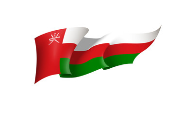 Oman flag state symbol isolated on background national banner. Greeting card National Independence Day of the Sultanate of Oman. Illustration banner with realistic state flag.